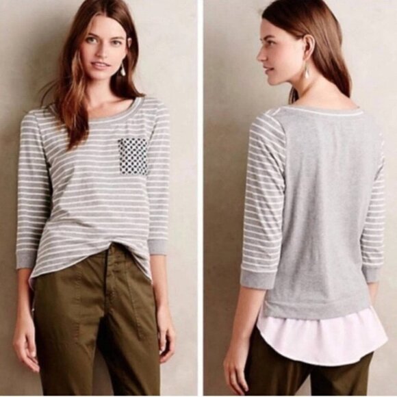 Anthropologie Little Yellow Button Women's Size M Gray Stripe Mixed Media Shirt - Picture 1 of 14